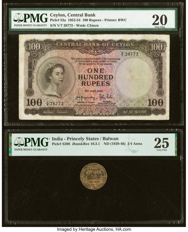 Ceylon Central Bank of Ceylon 100 Rupees 3.6.1952 Pick 53a PMG Very Fine 20; Ind...