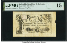 Colombia Republica de Colombia 1 Peso 15.6.1900 Pick 295A PMG Choice Fine 15. A large split is noted on this example. 

HID09801242017

© 2022 Heritag...