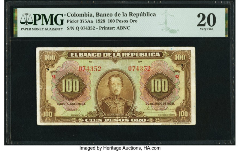 Colombia Banco de la Republica 100 Pesos Oro 20.7.1928 Pick 375Aa PMG Very Fine ...