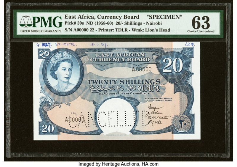 East Africa East African Currency Board 20 Shillings ND (1958-60) Pick 39s Speci...
