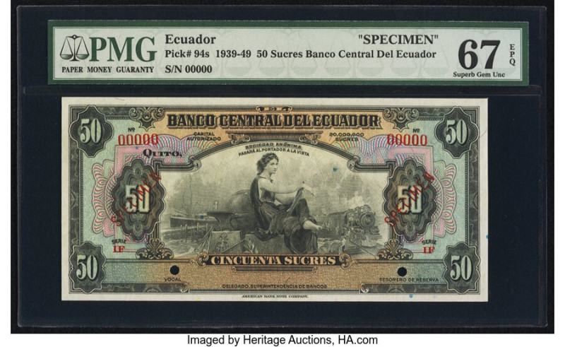 Ecuador Banco Central del Ecuador 50 Sucres ND (1939-49) Pick 94s Specimen PMG S...
