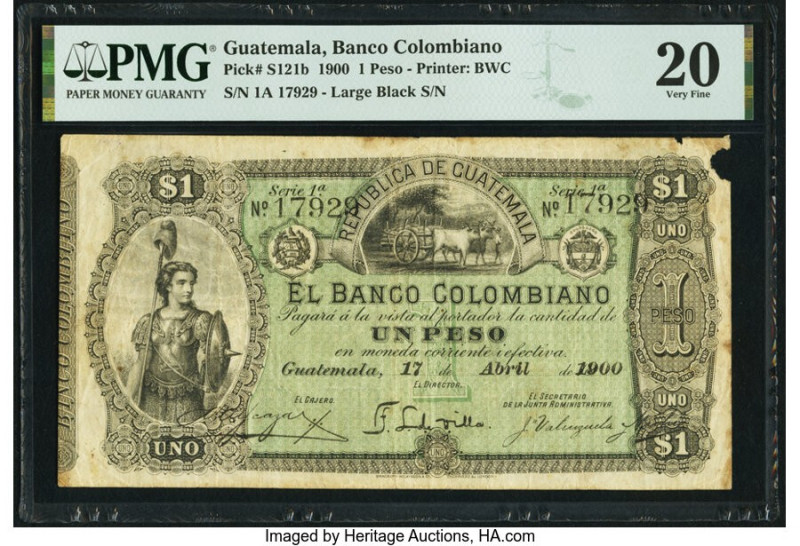 Guatemala Banco Colombiano 1 Peso 17.4.1900 Pick S121b PMG Very Fine 20. Edge da...