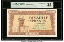 Guinea Banque de la Republique de Guinee 10,000 Francs 2.10.1958 Pick 11s Specimen PMG Very Fine 25. A perforated Specimen punch is present on this ex...