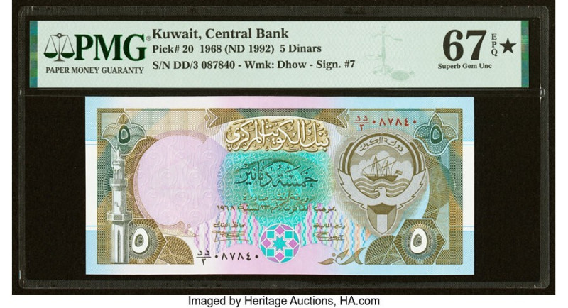 Kuwait Central Bank of Kuwait 5 Dinars 1968 (ND 1992) Pick 20 PMG Superb Gem Unc...