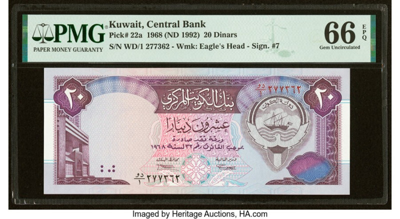 Kuwait Central Bank of Kuwait 20 Dinars 1968 (ND 1992) Pick 22a PMG Gem Uncircul...