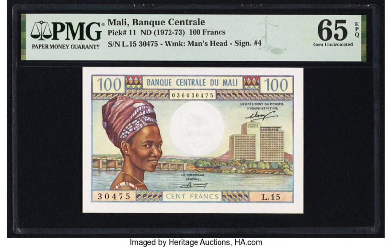 Mali Banque Centrale du Mali 100 Francs ND (1972-73) Pick 11 PMG Gem Uncirculate...