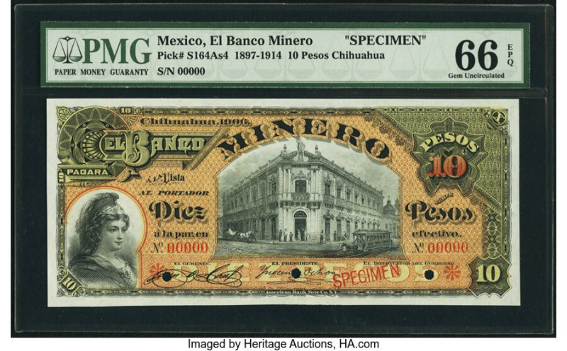 Mexico Banco Minero 10 Pesos 1897-1914 Pick S164As4 M133s Specimen PMG Gem Uncir...
