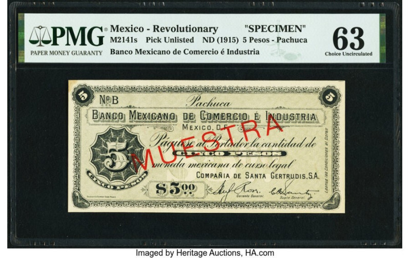 Mexico Revolutionary 5 Pesos ND (1915) Pick UNL PMG Choice Uncirculated 63. Stap...