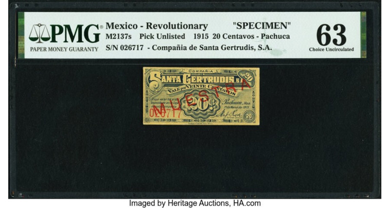 Mexico Revolutionary 20 Centavos 1.3.1915 Pick UNL PMG Choice Uncirculated 63. S...