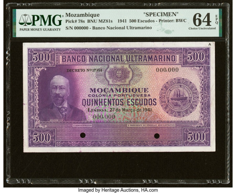 Mozambique Banco Nacional Ultramarino 500 Escudos 27.3.1941 Pick 78s Specimen PM...