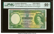 Southern Rhodesia Southern Rhodesia Currency Board 1 Pound 1.12.1952 Pick 13as Specimen PMG Extremely Fine 40 Net. Printer's annotations, previous mou...