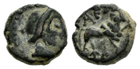Galia. Massalia. AE 11. Siglo I a.C. Marseille. (Lt-2110). Anv.: Head of Minerva with Corinthian helmet on the right. Rev.: Lion right. Ae. 1,54 g. Sc...