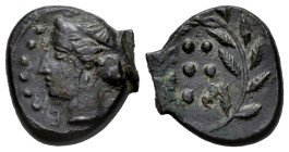 Sicily. Himera. Hemilitron. 415-409 a.C. (CNS-I, 35). (Sng Ans-186/7). (Hgc-2, 479). Anv.: Head of nymph to left, with hair in sphendone; •••••• (mark...