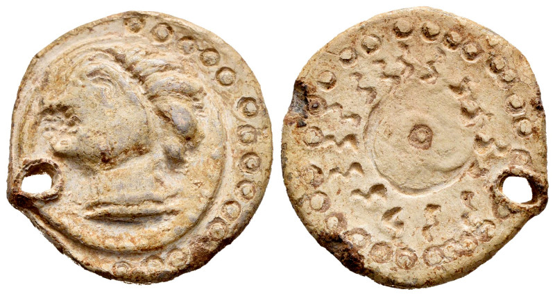 Lead. Uncertain mint. Anv.: Male head with necklace to left, on raised circle; a...