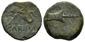 Carteia. Augustus period. Half unit. 31 BC - 14 AD. San Roque (Cadiz). (Abh-683). Anv.: Dolphin left, CARTEIA below. Rev.: Rudder. Ae. 4,93 g. Almost ...