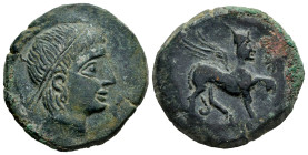 Kastilo-Castulo. Unit. 180 BC. Cazlona (Jaén). (Abh-702). Anv.: Diademed male head right, crescent before. Rev.: Sphinx right, star before, (KASTILO) ...