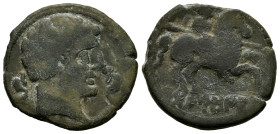 Tanusia. Unit. 120-20 BC. Botija (Cáceres). (Abh-893). Anv.: Male bust right, between dolphins. Rev.: Horseman right, holding spear, iberian legend TA...