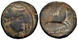 Untikesken. Unit. 130-90 BC. L’Escala, Ampurias (Girona). (Abh-1210). Anv.: Head of Pallas right, iberian letters E, BA before. Rev.: Pegasus, with Ch...