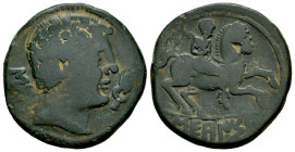 Sekaisa. Unit. 120-20 BC. Area of Aragon. (Abh-2121). Anv.: Male head right, dolphin before, iberian letters SE behind. Rev.: Horseman right, holding ...
