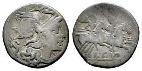 Cupiennius. L. Cupiennius. Denarius. 147 BC. Rome. (Ffc-665). (Craw-218/1). (Cal-530). Anv.: Head of Roma right, X below chin, cornucopiac behind. Rev...