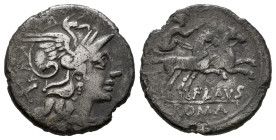 Decimius. Decimius Flavus. Denarius. 150 BC. Rome. (Ffc-673). (Craw-207/1). (Cal-538). Anv.: Head of Roma rigth, X behind. Rev.: Diana in biga right, ...