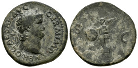 Nero. Unit. 65 AD. Rome. (Ric-312). (Bmcre-241). Anv.: NERO CAESAR AVG GERM IMP, laureate head to right. Rev.: Victory flying to left, holding round s...