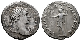 Trajan. Denarius. 107-111 AD. Rome. (Ric-115 var. (no aegis)). (Bmcre-271 var). Rev.: COS V P P S P Q R OPTIMO PRINC, Roma standing facing, head to le...