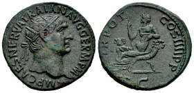 Trajan. Dupondius. 100 d.C. Rome. (Ric-II 411). (Woytek-67a). (Bmcre-736). Anv.: IMP CAES NERVA TRAIAN AVG GERM P M, radiate head to right. Rev.: TR P...