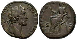 Antoninus Pius. Sestertius. 156-157 d.C. Rome. (Ric-III 967). (Bmcre-2016). Anv.: (ANTONINV)S AVG PIVS P P IMP II, laureate head to right. Rev.: TR PO...