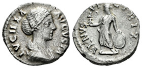 Lucilla. Denario. 166-169 d.C. Rome. (Spink-5492). (Ric-78). (Seaby-89). Rev.: VENVS VICTRIX. Venus standing facing holding Victory and supporting shi...