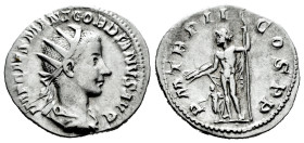 Gordian III. Antoninianus. 239 d.C. Rome. (Ric-16). (Rsc-189). Anv.: P M TR P II COS P P, Jupiter standing left, holding sceptre in left hand and thun...
