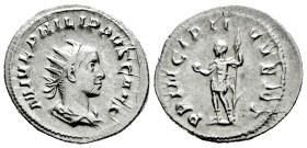 Philip II. Antoninianus. 244-246 AD. Rome. (Ric-218d). (Rsc-48). Rev.: PRINCIPI IVVENT, Prince standing to left, holding globe and spear. Ag. 3,87 g. ...