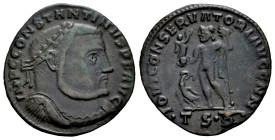 Constantinus I. Follis. 312/3 d.C. Thessalonica. (Ric-61b). Anv.: IMP CONSTANTINVS P F AVG, Laureate, draped and cuirassed bust right. Rev.: IOVI CONS...