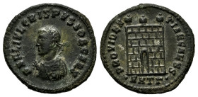 Crispus. Follis. 317 AD. Heraclea. (Ric-23). Anv.: D N FL IVL CRISPVS NOB CAES, laureate and draped bust to left, holding globe, mappa and sceptre. Re...