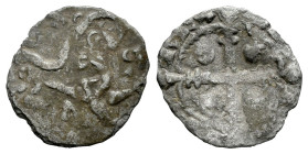 Kingdom of Castille and Leon. Obol. ¿Alfonso IX (1188-1230)?. 0,49 g. Mintmark: Inverted R?. Choice F. Est...35,00. 

Spanish description: Reino de ...
