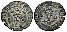 Catholic Kings (1474-1504). Blanca. Segovia. B. (Cal-35 var.). Anv.: F crowned surrounded by 5 roundels. Rev.: And crowned bounded by roundel - B inve...