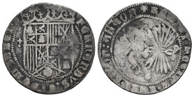 Catholic Kings (1474-1504). 1 real. Granada. (Cal-362). Ag. 2,60 g. Shield between cruciferous globe. Mintmark G. Choice F/F. Est...50,00. 

Spanish...
