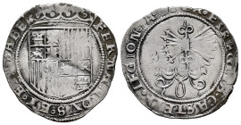 Catholic Kings (1474-1504). 1 real. Sevilla. (Cal-408). Ag. 3,25 g. S on reverse. Bend. Cleaned. Choice F. Est...40,00. 

Spanish description: Ferna...