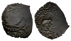 Philip III (1598-1621). Dinero. Banyoles. (Cal-7). (Cru C.G-3661). Ae. 0,55 g. Countermark: friar's head, reverse, made in 1605. F/Almost VF. Est...50...