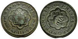 Philip III (1598-1621). 4 maravedis. 1602. Segovia. C. (Cal-255). Ae. 5,71 g. Countermark of VIII Maravedís from Toledo. Choice VF. Est...30,00. 

S...