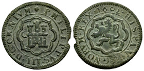 Philip III (1598-1621). 4 maravedis. 1602. Segovia. C. (Cal-255). Ae. 6,15 g. Attractive. Choice VF. Est...50,00. 

Spanish description: Felipe III ...