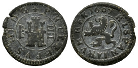 Philip III (1598-1621). 4 maravedis. 1607. Segovia. (Cal-262). Ae. 2,50 g. Almost VF. Est...20,00. 

Spanish description: Felipe III (1598-1621). 4 ...