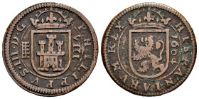 Philip III (1598-1621). 8 maravedis. 1604. Segovia. (Cal-326). (Jarabo-Sanahuja-D217). Ae. 6,38 g. Almost VF/Choice F. Est...20,00. 

Spanish descri...
