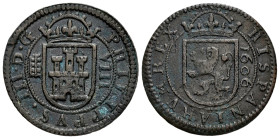 Philip III (1598-1621). 8 maravedis. 1606. Segovia. (Cal-329). (Jarabo-Sanahuja-D222). Ae. 6,21 g. VF. Est...25,00. 

Spanish description: Felipe II...