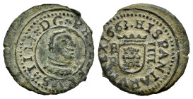 Philip IV (1621-1665). 4 maravedis. 1664. Burgos. R. (Cal-188). (Jarabo-Sanahuja-M33). Ae. 1,16 g. VF. Est...25,00. 

Spanish description: Felipe IV...
