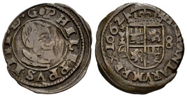 Philip IV (1621-1665). 8 maravedis. 1662. Cuenca. CA. (Cal-330). (Jarabo-Sanahuja-M204). Ae. 2,16 g. Scarce. Choice F/Almost VF. Est...25,00. 

Span...