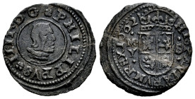 Philip IV (1621-1665). 8 maravedis. 1662. Madrid. Y. (Cal-363 var). Ae. 1,73 g. M about MD ?. Fold mark. VF. Est...35,00. 

Spanish description: Fel...