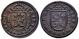 Philip IV (1621-1665). 8 maravedis. 1621. Segovia. (Cal-385). (Jarabo-Sanahuja-F269). Ae. 6,56 g. Choice VF. Est...50,00. 

Spanish description: Fel...