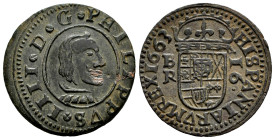 Philip IV (1621-1665). 16 maravedis. 1663. Burgos. R. (Cal-440). Ae. 4,59 g. Minor scratches on obverse. Choice VF/XF. Est...40,00. 

Spanish descri...