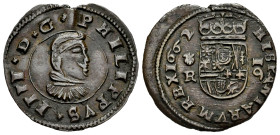 Philip IV (1621-1665). 16 maravedis. 1662. Coruña. R. (Cal-451). (Jarabo-Sanahuja-M122). Ae. 3,69 g. Choice VF. Est...35,00. 

Spanish description: ...